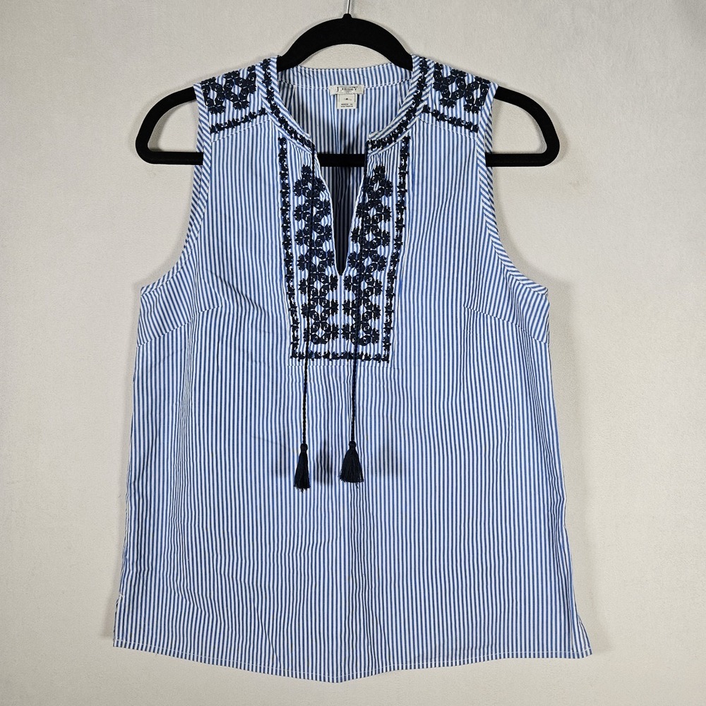 J. Crew Top Tank Womens 6 Blue Striped Embroidered Cottagecore Boho Office Coast
